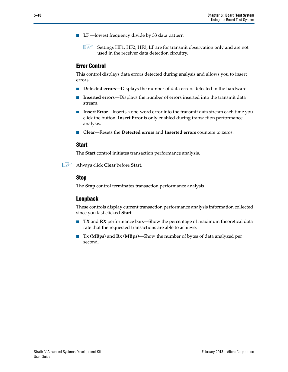 Error control, Start, Stop | Loopback, Error control –10 start –10 stop –10 loopback –10 | Altera Stratix V Advanced Systems User Manual | Page 28 / 42