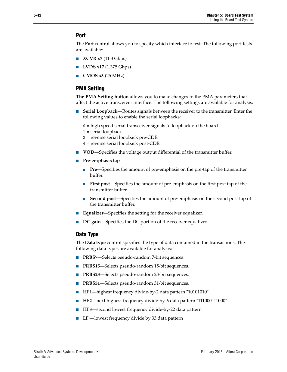Port, Pma setting, Data type | Port –12 pma setting –12 data type –12 | Altera Stratix V Advanced Systems User Manual | Page 30 / 42