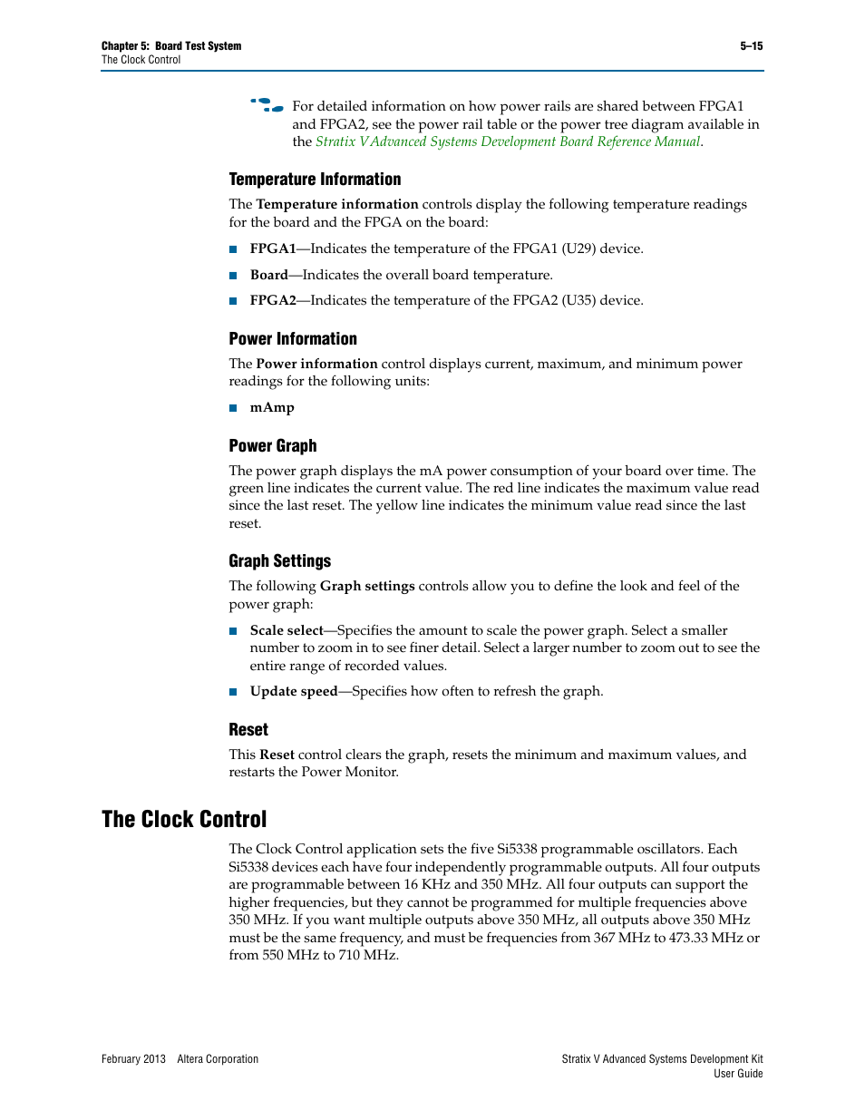 Temperature information, Power information, Power graph | Graph settings, Reset, The clock control, The clock control –15 | Altera Stratix V Advanced Systems User Manual | Page 33 / 42