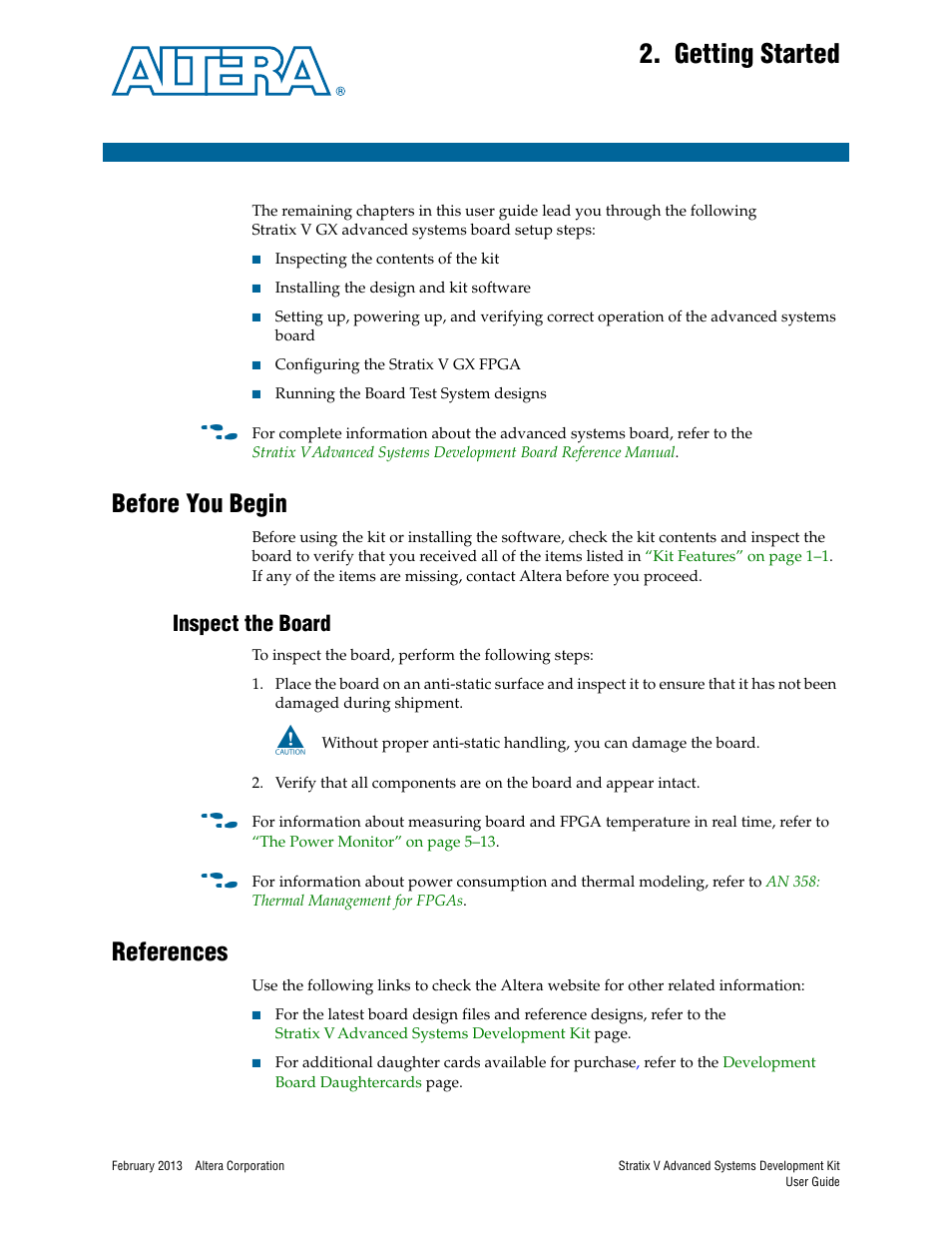Getting started, Before you begin, Inspect the board | References, Chapter 2. getting started, Before you begin –1, Inspect the board –1, References –1 | Altera Stratix V Advanced Systems User Manual | Page 7 / 42