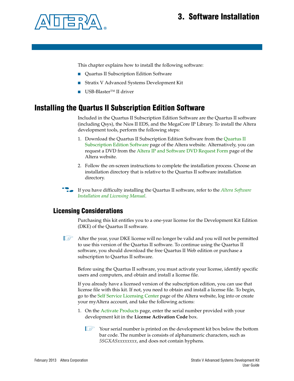 Software installation, Licensing considerations, Chapter 3. software installation | Licensing considerations –1 | Altera Stratix V Advanced Systems User Manual | Page 9 / 42