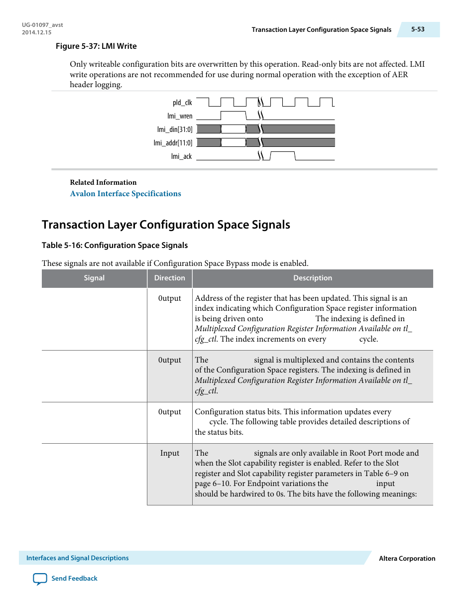 Transaction layer configuration space signals | Altera Stratix V Avalon-ST User Manual | Page 105 / 293
