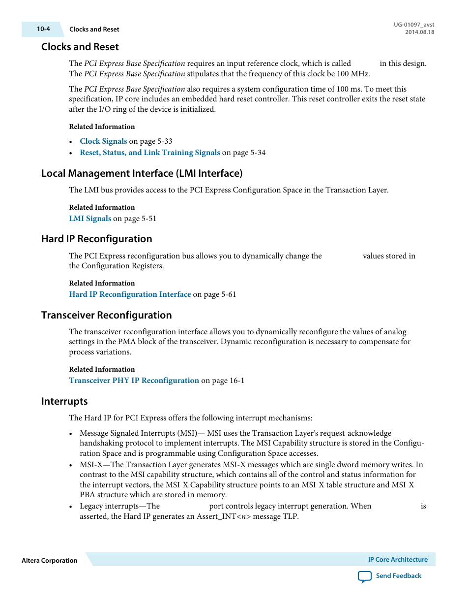 Clocks and reset, Local management interface (lmi interface), Hard ip reconfiguration | Transceiver reconfiguration, Interrupts | Altera Stratix V Avalon-ST User Manual | Page 171 / 293