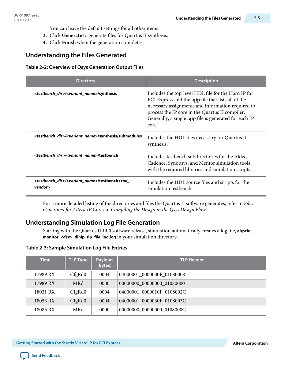 Understanding the files generated, Understanding simulation log file generation | Altera Stratix V Avalon-ST User Manual | Page 19 / 293