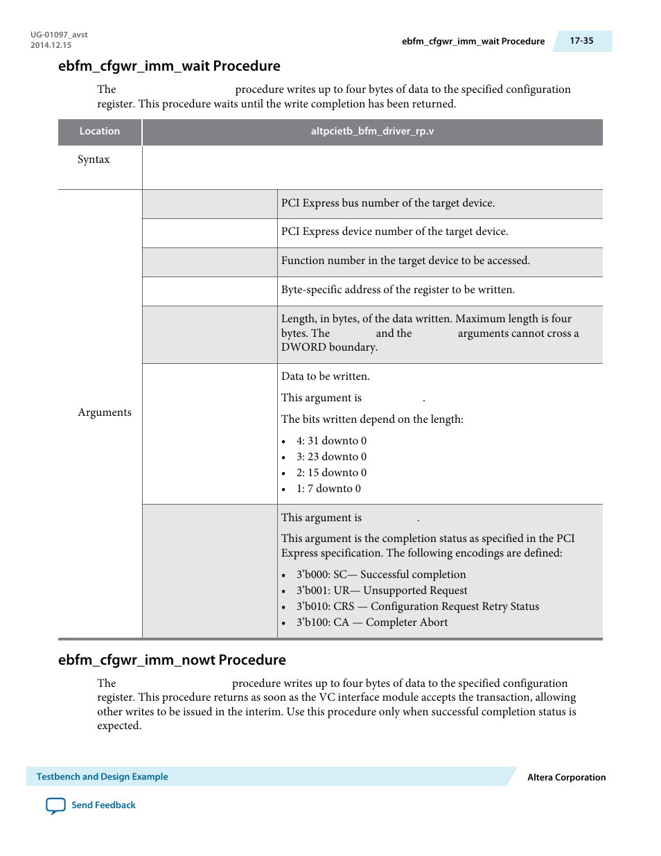 Ebfm_cfgwr_imm_wait procedure, Ebfm_cfgwr_imm_nowt procedure | Altera Stratix V Avalon-ST User Manual | Page 246 / 293