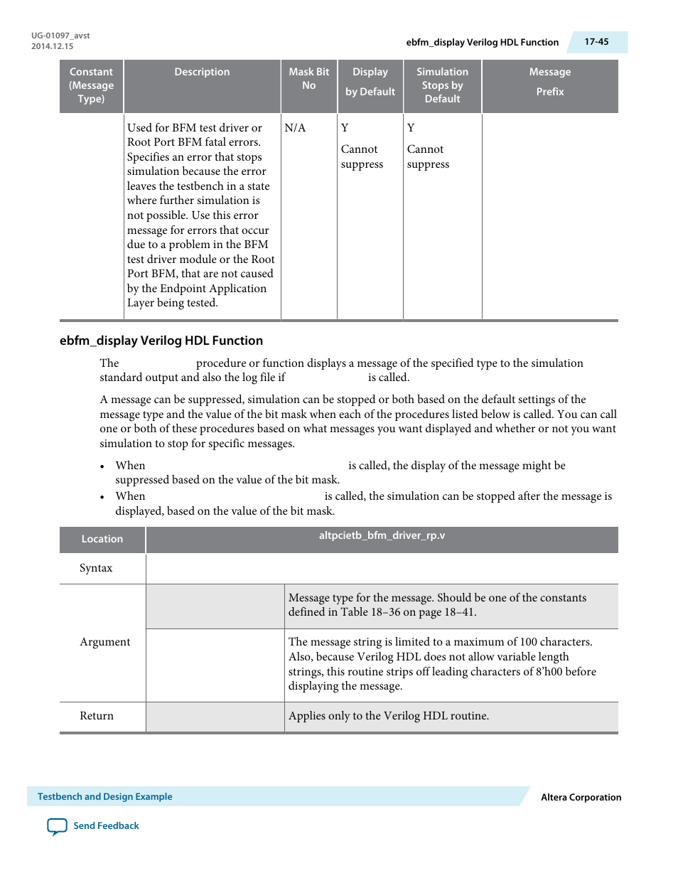 Ebfm_display verilog hdl function | Altera Stratix V Avalon-ST User Manual | Page 256 / 293