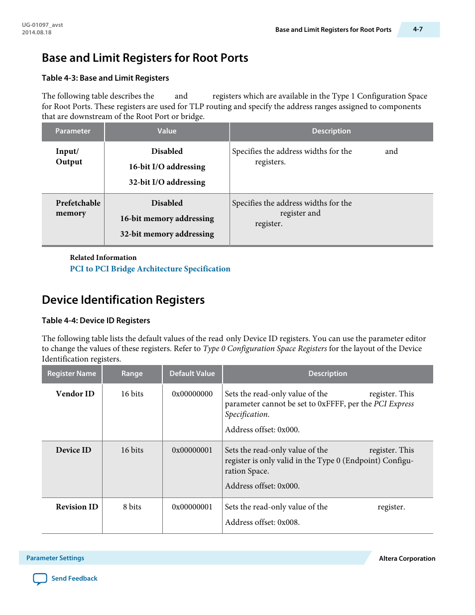 Base and limit registers for root ports, Device identification registers | Altera Stratix V Avalon-ST User Manual | Page 44 / 293