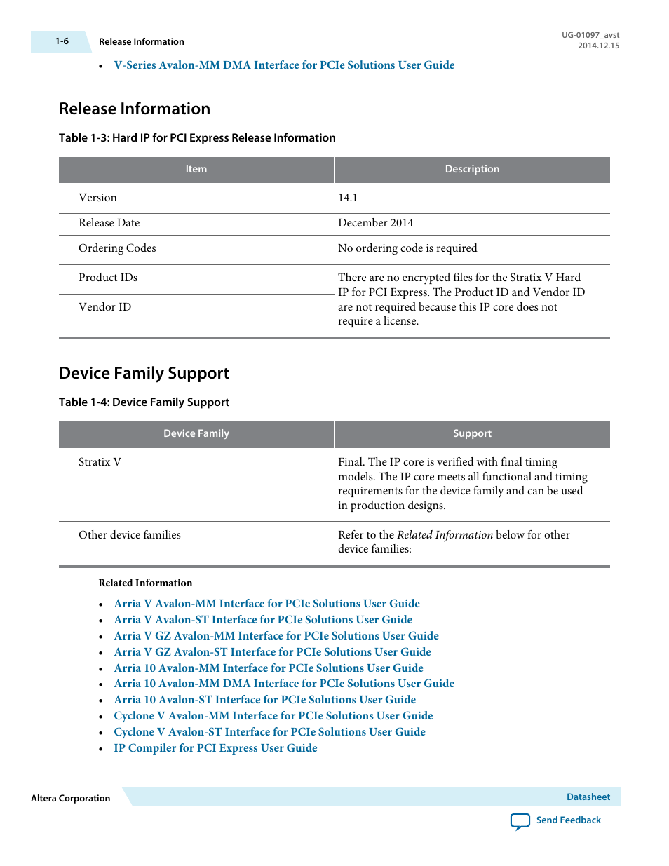 Release information, Device family support | Altera Stratix V Avalon-ST User Manual | Page 7 / 293