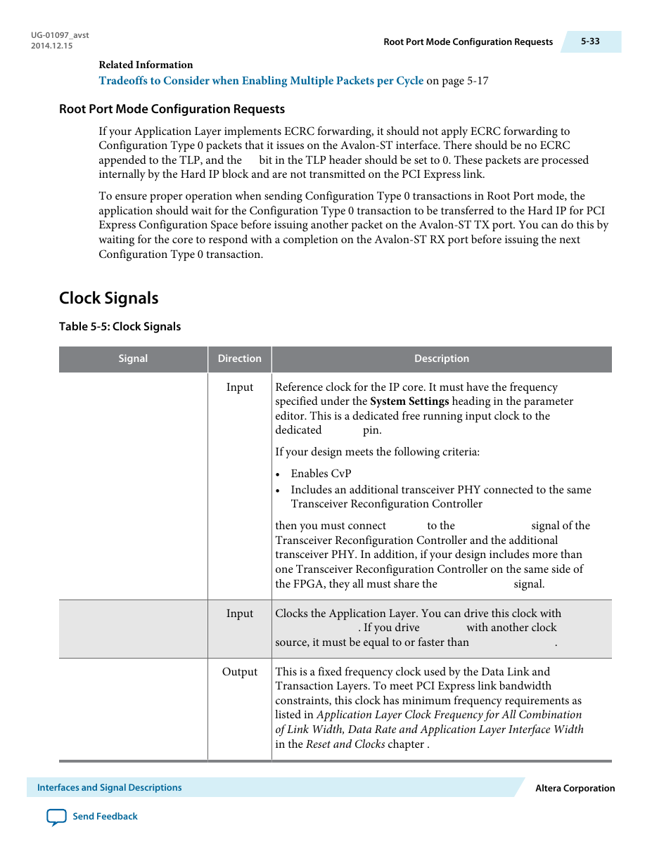 Root port mode configuration requests, Clock signals | Altera Stratix V Avalon-ST User Manual | Page 85 / 293