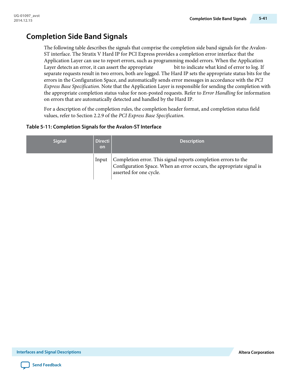 Completion side band signals | Altera Stratix V Avalon-ST User Manual | Page 93 / 293