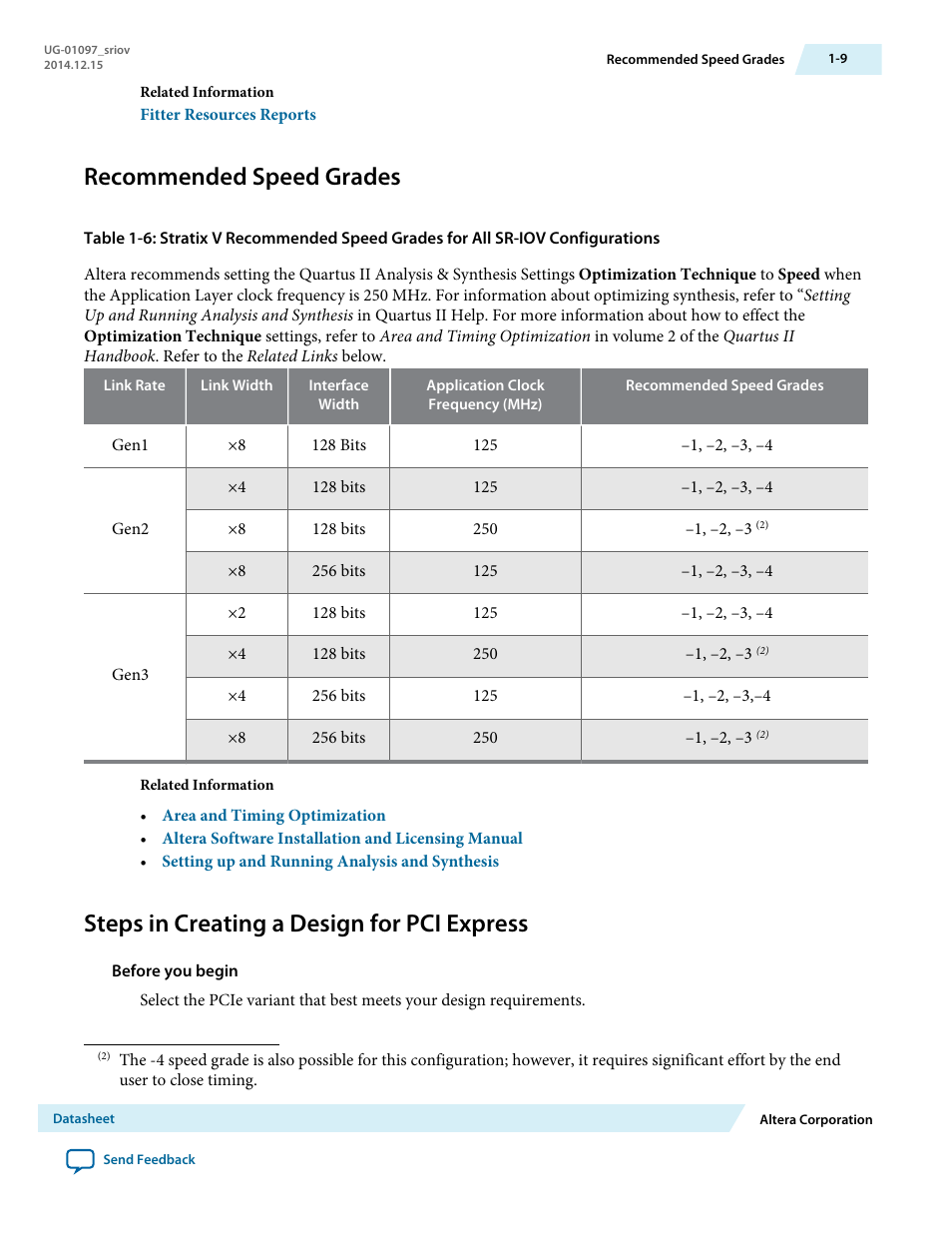 Recommended speed grades, Steps in creating a design for pci express | Altera Stratix V Avalon-ST User Manual | Page 10 / 158