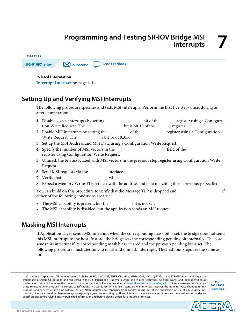 Setting up and verifying msi interrupts, Masking msi interrupts | Altera Stratix V Avalon-ST User Manual | Page 115 / 158