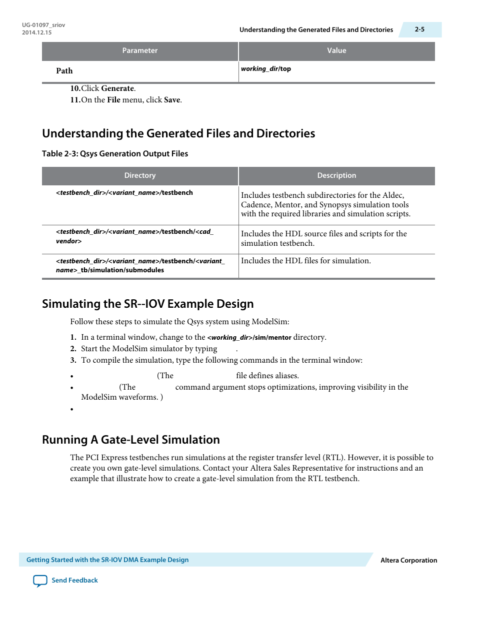 Understanding the generated files and directories, Simulating the sr--iov example design, Running a gate-level simulation | Altera Stratix V Avalon-ST User Manual | Page 16 / 158