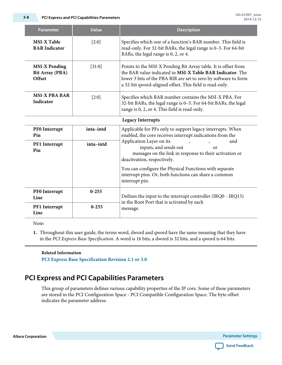 Pci express and pci capabilities parameters | Altera Stratix V Avalon-ST User Manual | Page 28 / 158