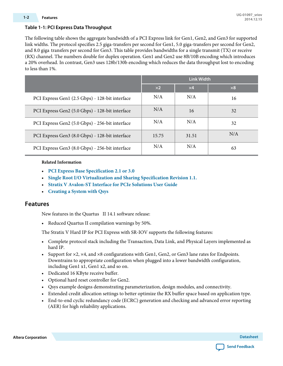 Features | Altera Stratix V Avalon-ST User Manual | Page 3 / 158