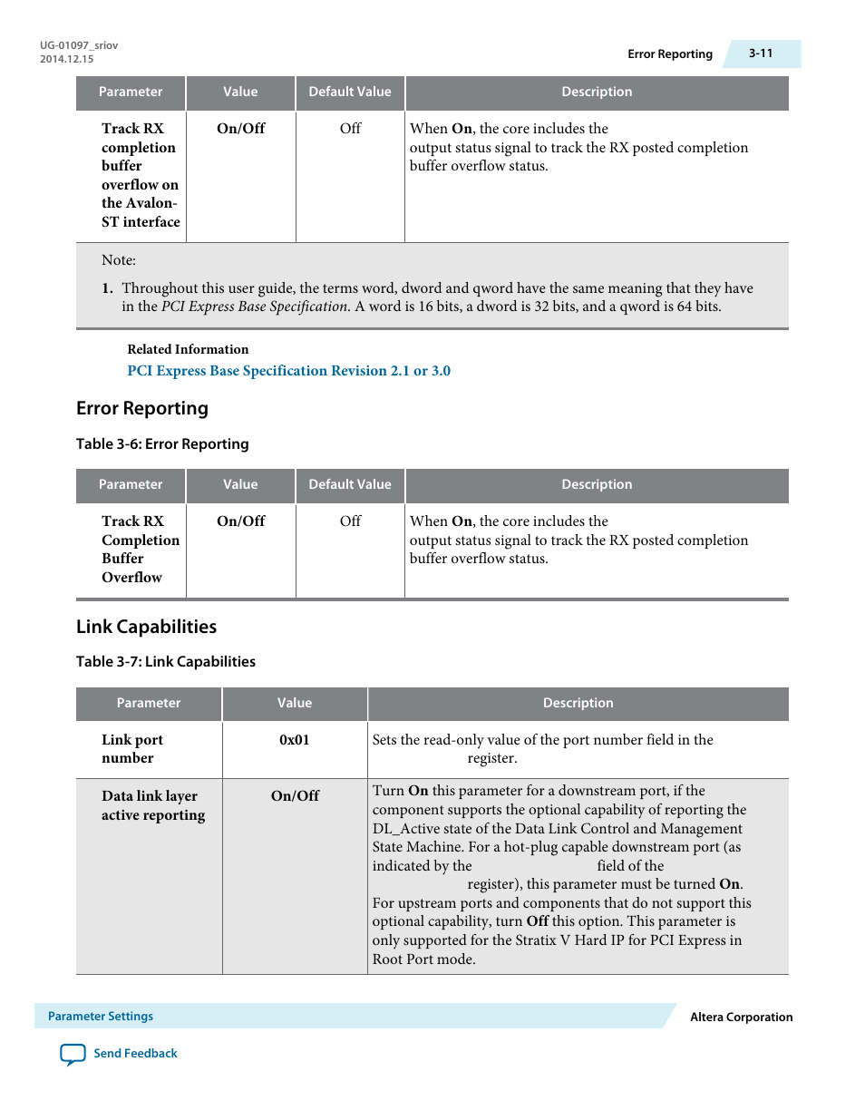Error reporting, Link capabilities | Altera Stratix V Avalon-ST User Manual | Page 31 / 158