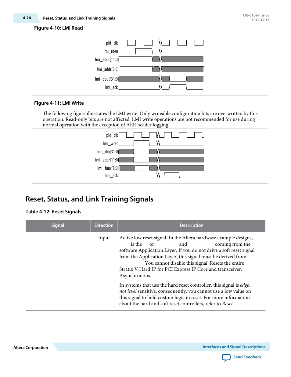 Reset, status, and link training signals | Altera Stratix V Avalon-ST User Manual | Page 59 / 158