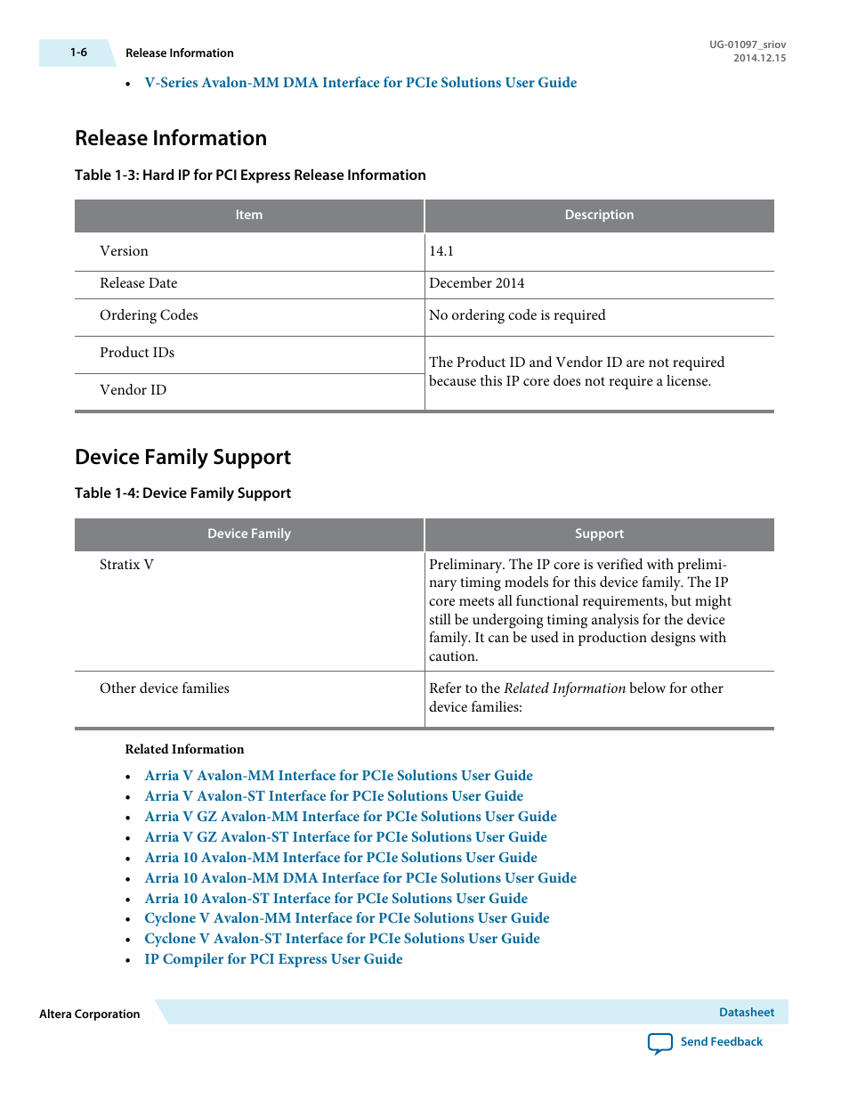 Release information, Device family support | Altera Stratix V Avalon-ST User Manual | Page 7 / 158