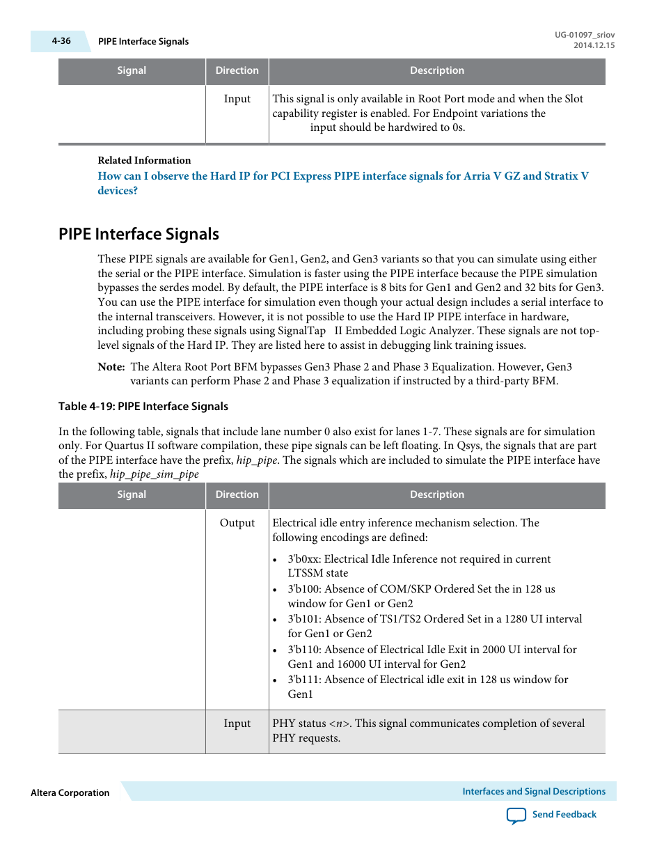 Pipe interface signals | Altera Stratix V Avalon-ST User Manual | Page 71 / 158