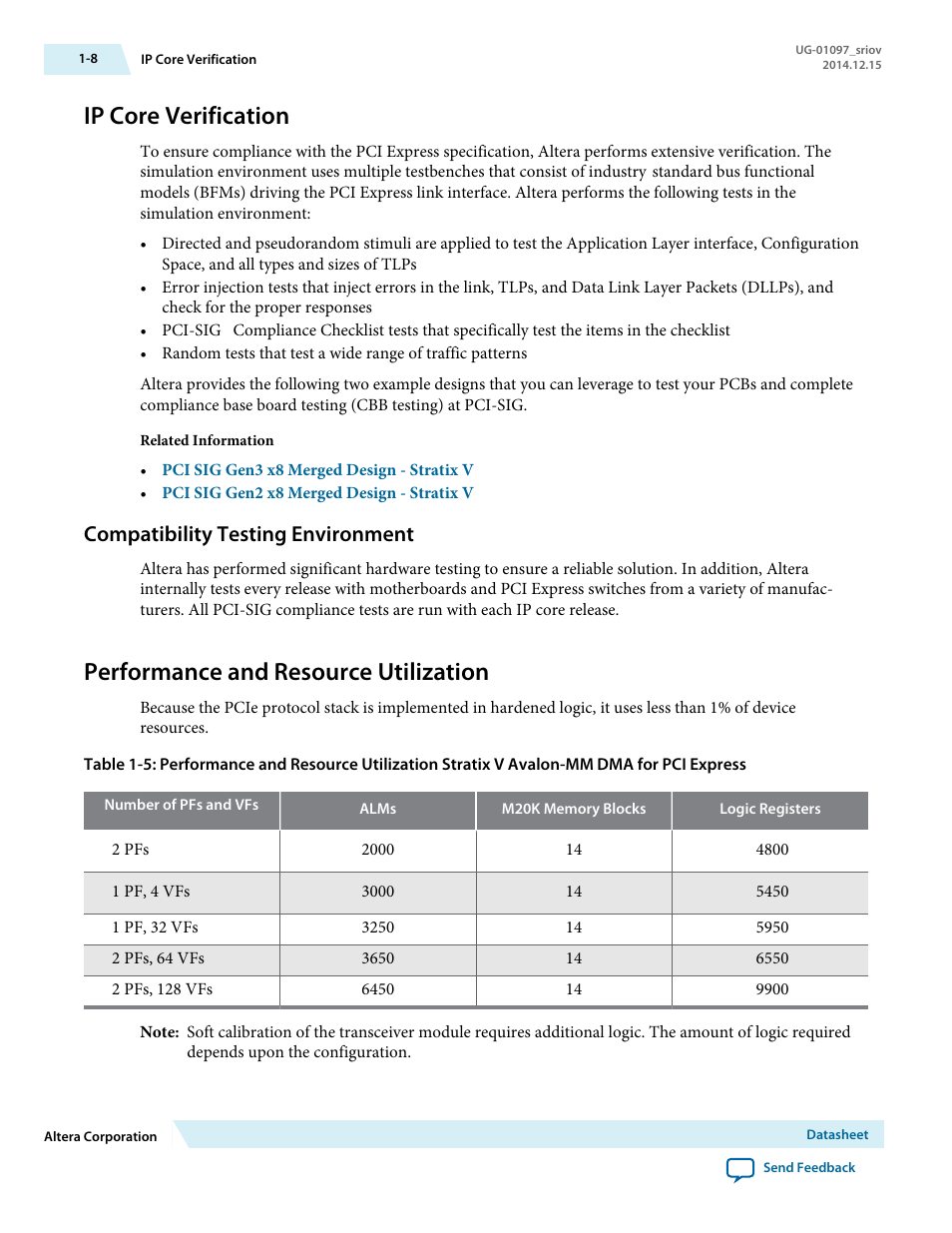 Ip core verification, Compatibility testing environment, Performance and resource utilization | Altera Stratix V Avalon-ST User Manual | Page 9 / 158