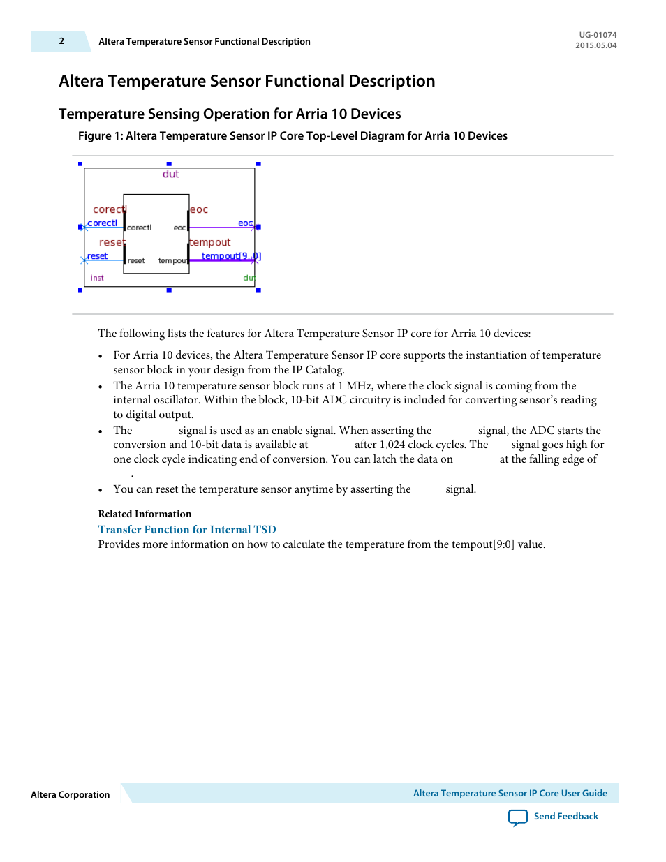 Altera temperature sensor functional description, Temperature sensing operation for arria 10 devices | Altera Temperature Sensor User Manual | Page 2 / 11