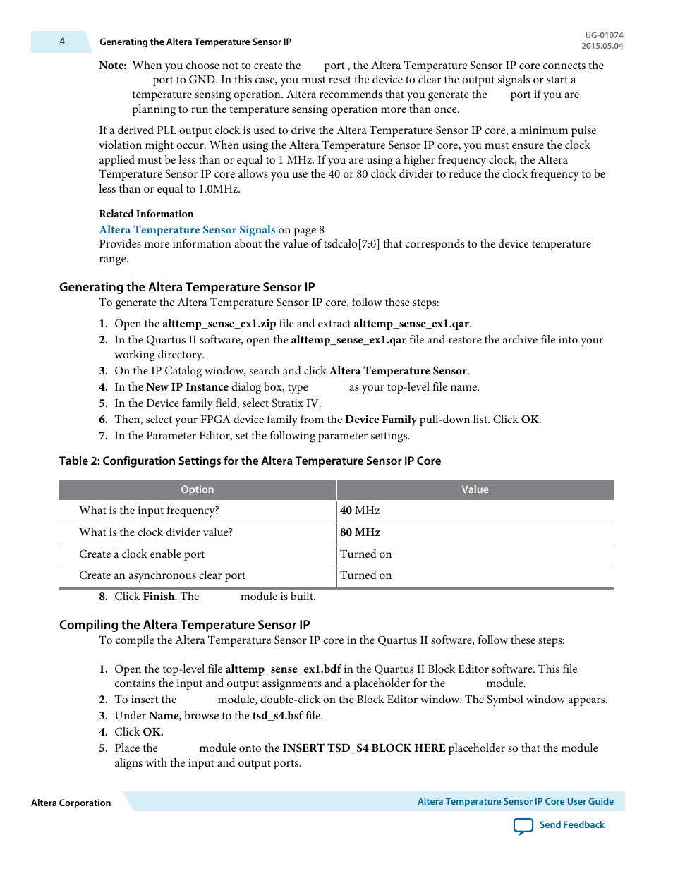 Generating the altera temperature sensor ip, Compiling the altera temperature sensor ip | Altera Temperature Sensor User Manual | Page 4 / 11