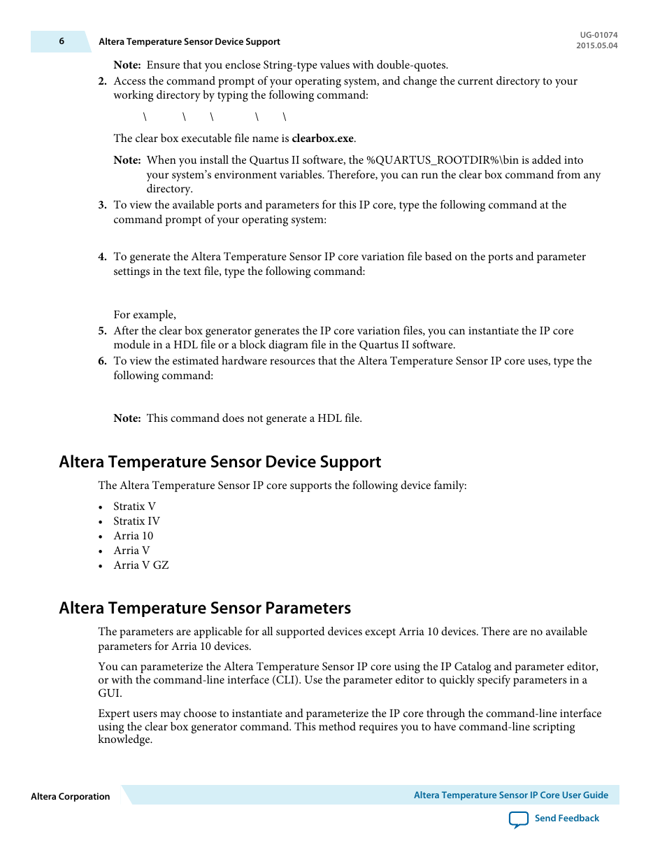 Altera temperature sensor device support, Altera temperature sensor parameters | Altera Temperature Sensor User Manual | Page 6 / 11