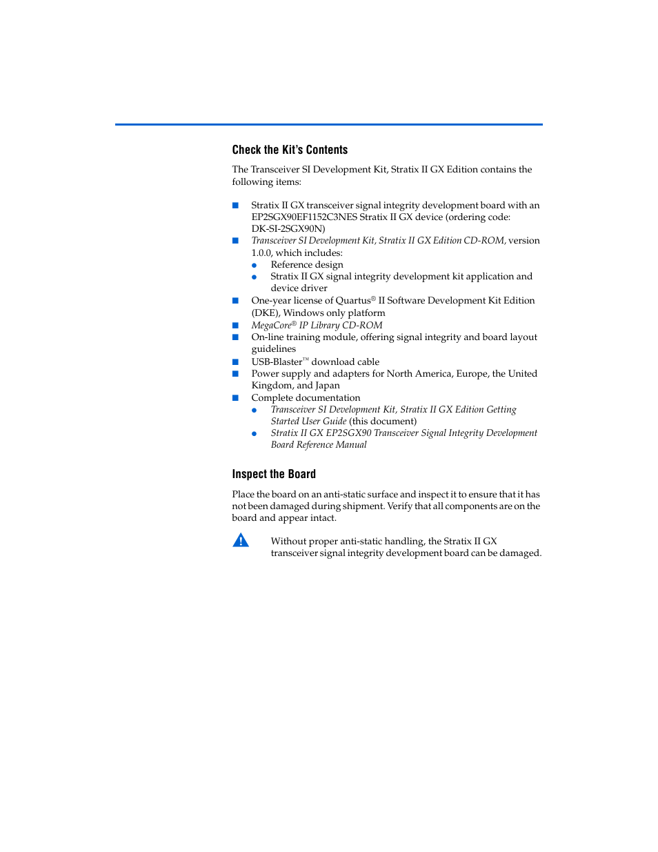 Check the kit’s contents, Inspect the board, Check the kit’s contents -2 inspect the board -2 | Altera Transceiver SI User Manual | Page 10 / 38