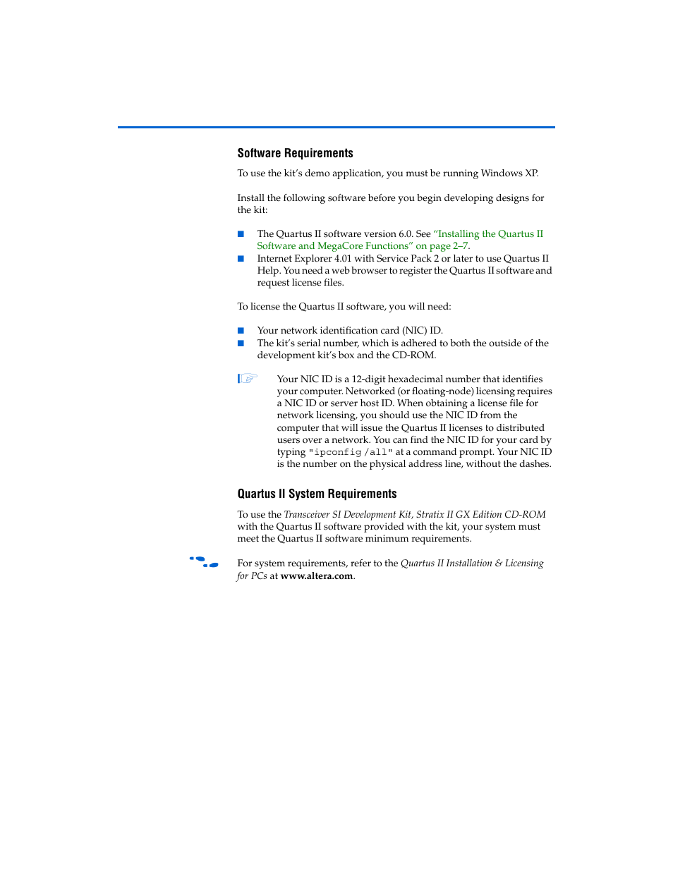 Software requirements, Quartus ii system requirements | Altera Transceiver SI User Manual | Page 12 / 38