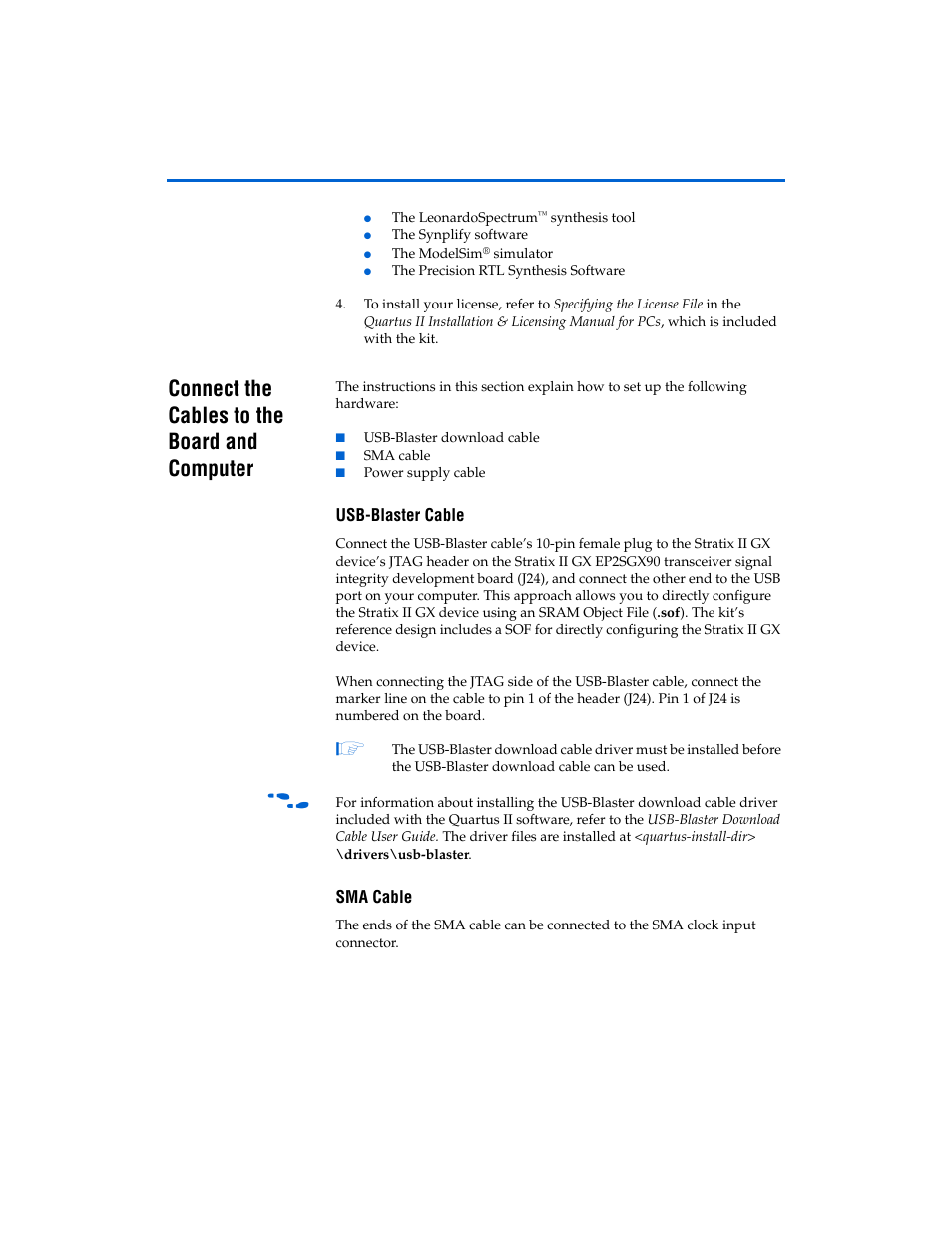 Connect the cables to the board and computer, Usb-blaster cable, Sma cable | Connect the cables to the board and computer -8, Usb-blaster cable -8 sma cable -8 | Altera Transceiver SI User Manual | Page 16 / 38