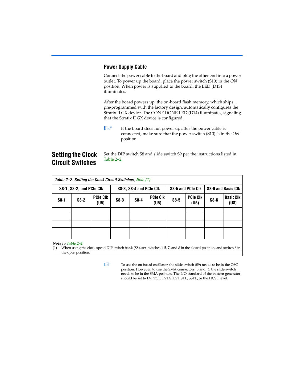 Power supply cable, Setting the clock circuit switches, Power supply cable -8 | Setting the clock circuit switches -9 | Altera Transceiver SI User Manual | Page 17 / 38