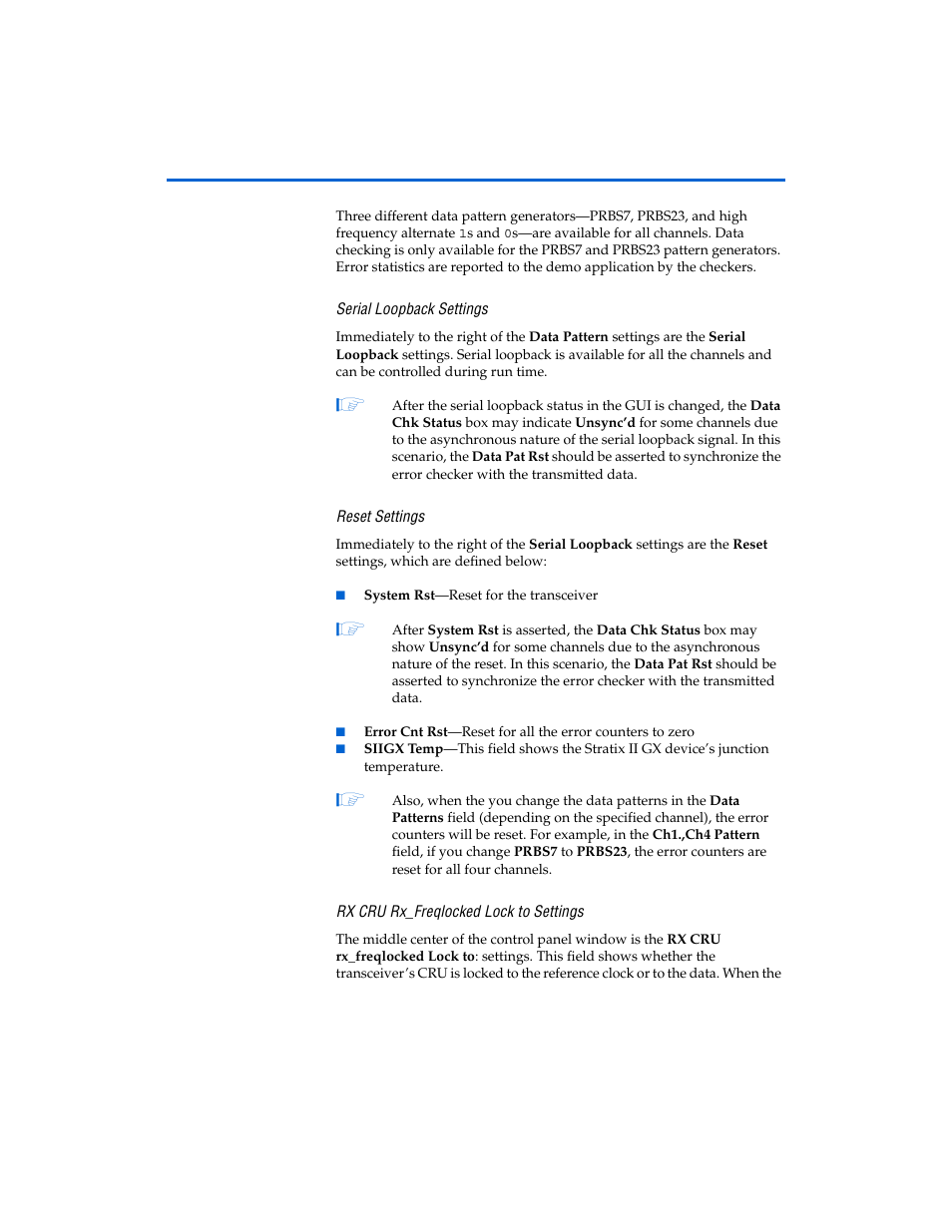 Serial loopback settings, Reset settings, Rx cru rx_freqlocked lock to settings | Altera Transceiver SI User Manual | Page 23 / 38