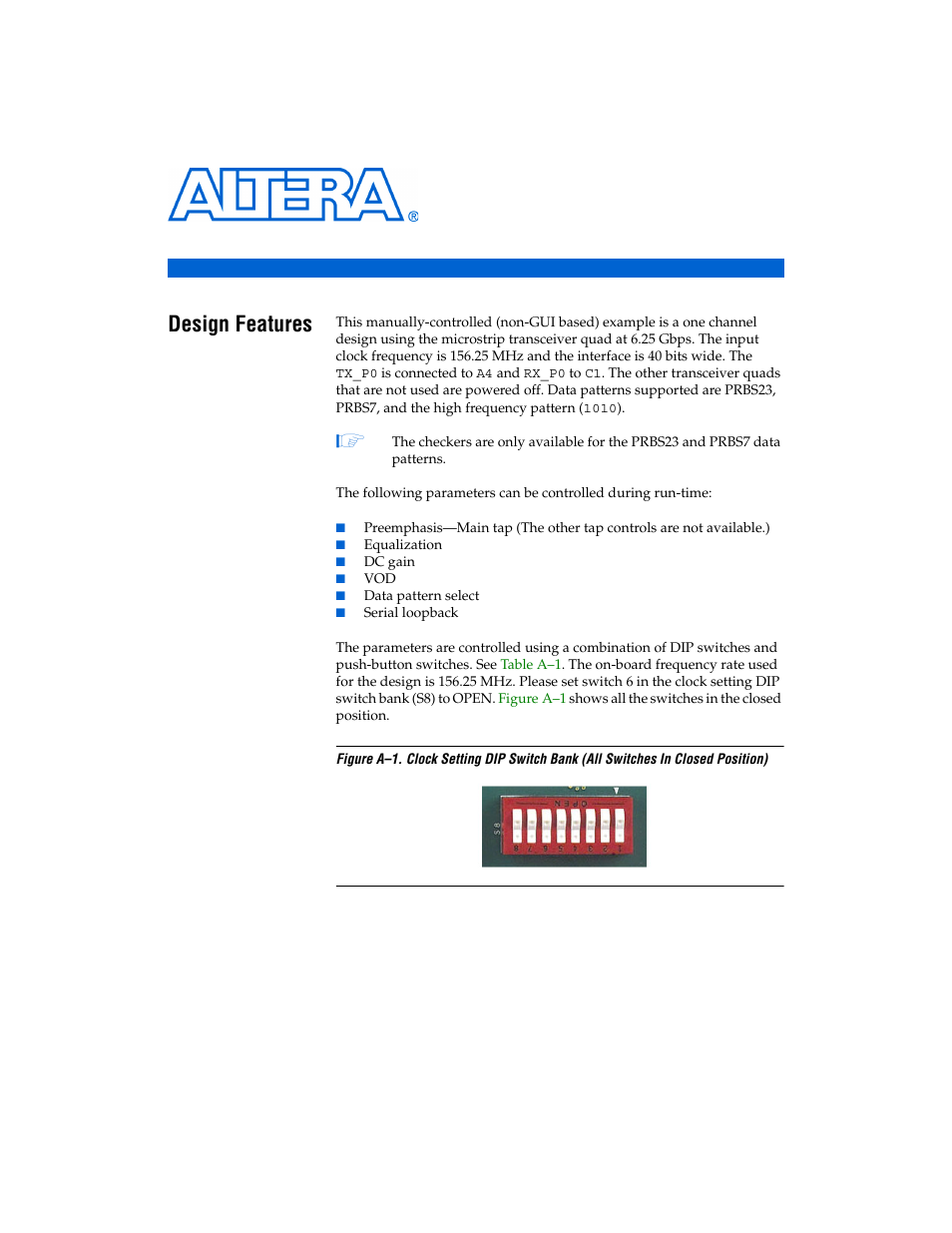 Appendix a. non-gui based example design, Design features | Altera Transceiver SI User Manual | Page 29 / 38