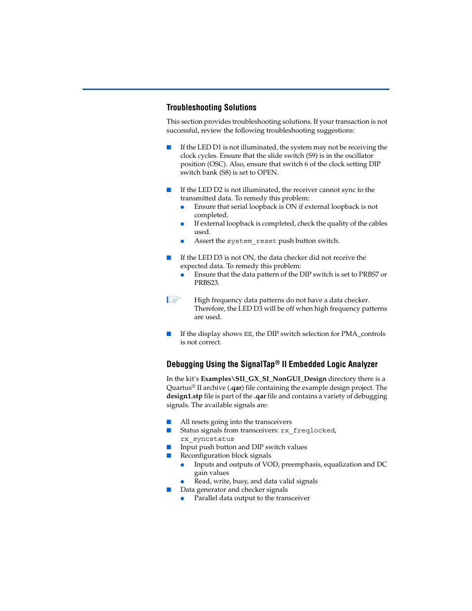 Troubleshooting solutions, Debugging using the signaltap, Ii embedded logic analyzer | Altera Transceiver SI User Manual | Page 36 / 38