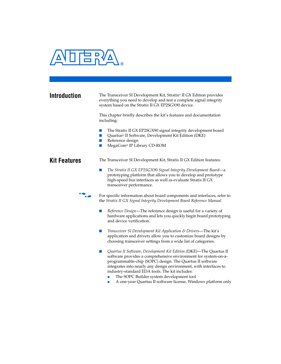 About this kit, Introduction, Kit features | Chapter 1. about this kit, Introduction -1 kit features -1 | Altera Transceiver SI User Manual | Page 7 / 38