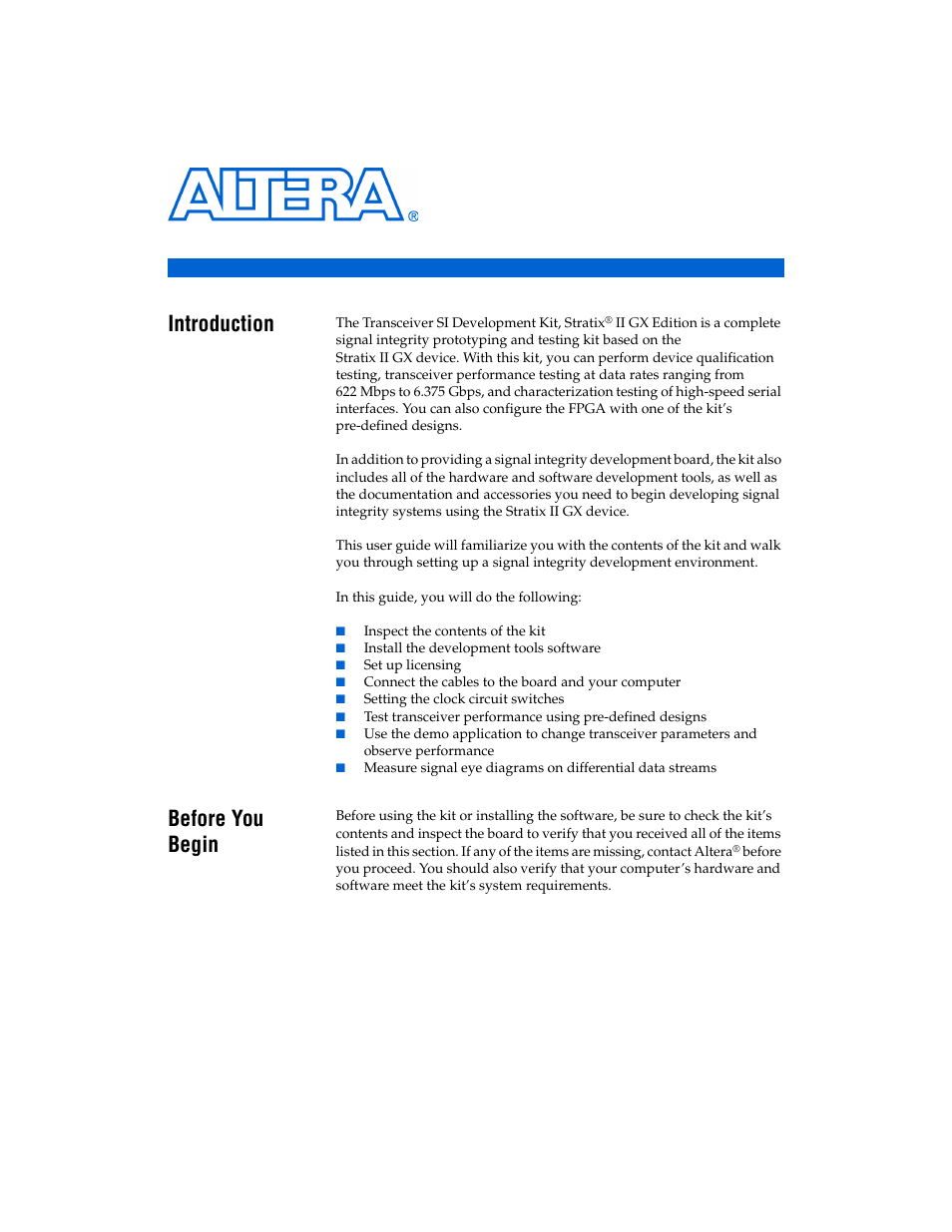 Getting started, Introduction, Before you begin | Chapter 2. getting started, Introduction -1 before you begin -1 | Altera Transceiver SI User Manual | Page 9 / 38