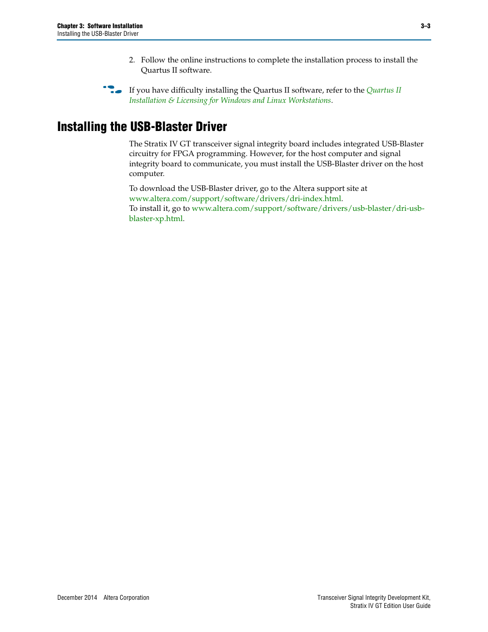 Installing the usb-blaster driver, Installing the usb-blaster driver –3 | Altera Transceiver Signal Integrity User Manual | Page 11 / 30