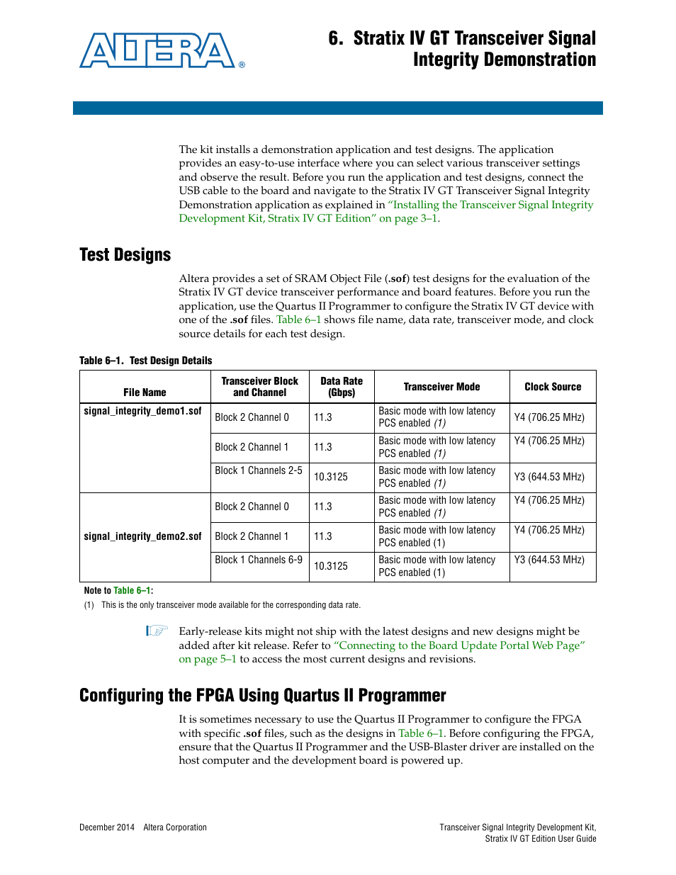 Test designs, Configuring the fpga using quartus ii programmer | Altera Transceiver Signal Integrity User Manual | Page 17 / 30