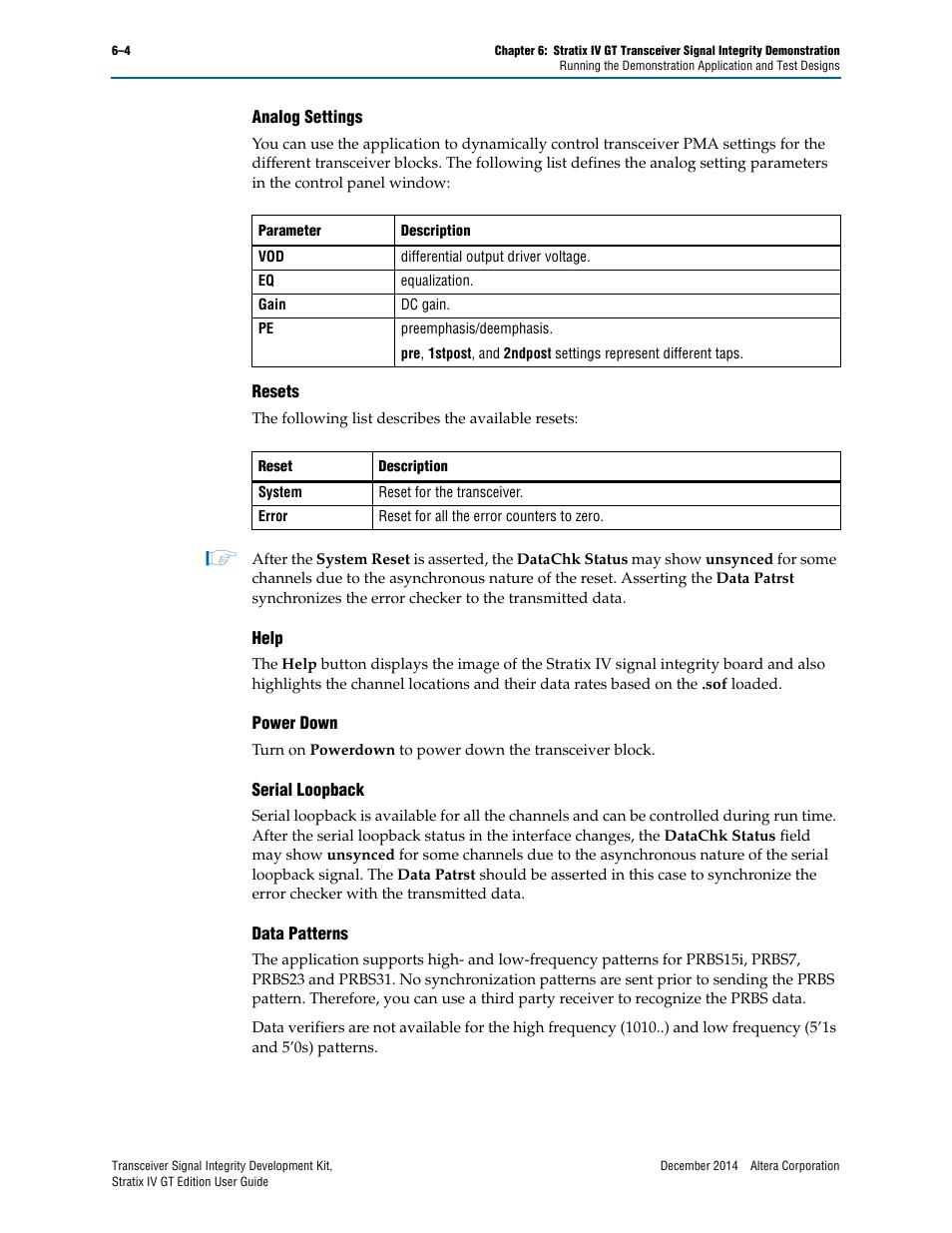 Analog settings, Resets, Help | Power down, Serial loopback, Data patterns | Altera Transceiver Signal Integrity User Manual | Page 20 / 30