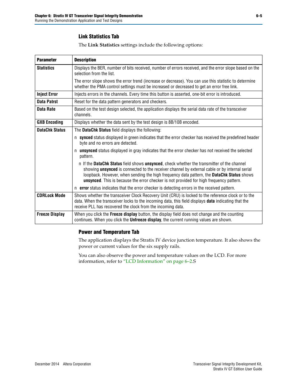 Link statistics tab, Power and temperature tab | Altera Transceiver Signal Integrity User Manual | Page 21 / 30