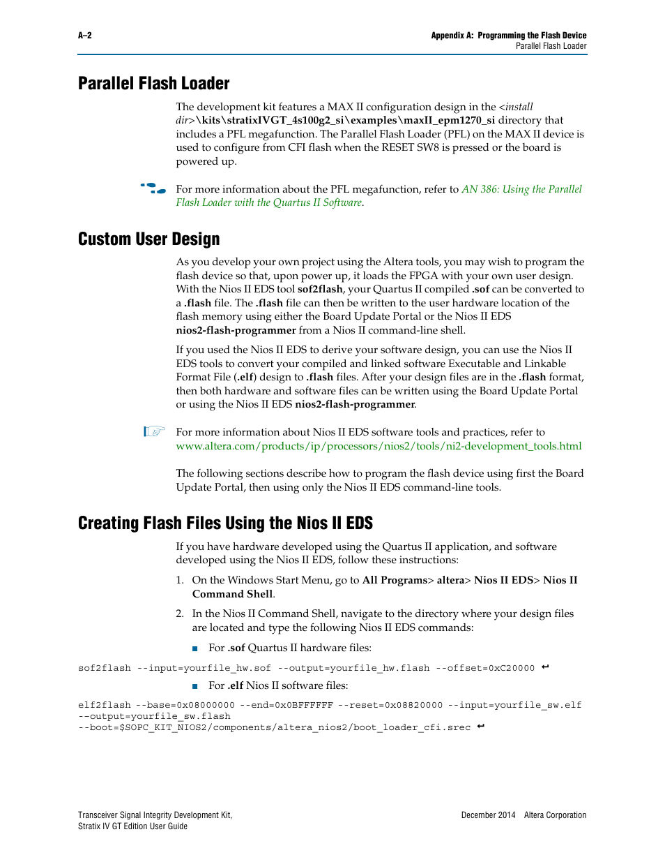 Parallel flash loader, Custom user design, Creating flash files using the nios ii eds | Altera Transceiver Signal Integrity User Manual | Page 24 / 30