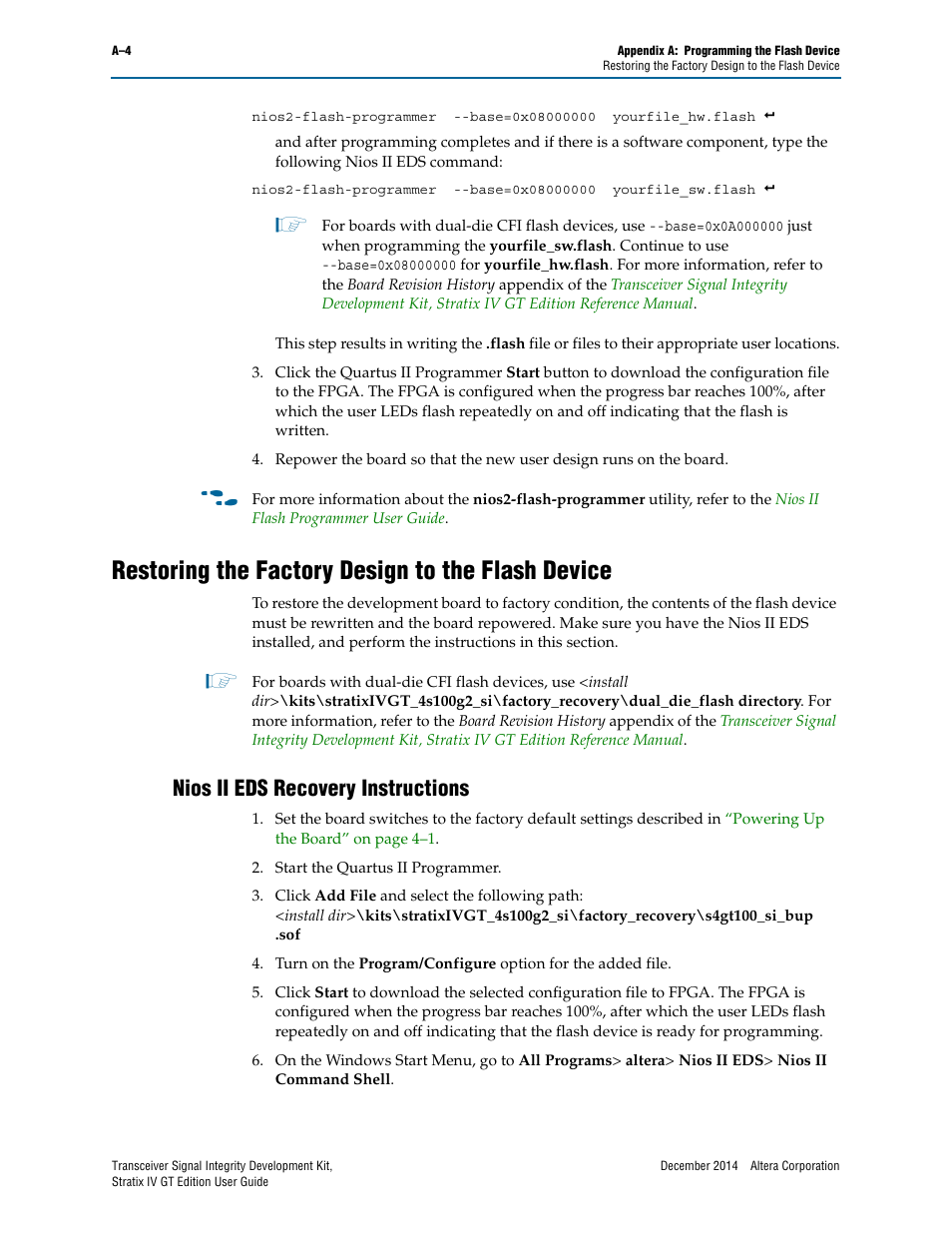 Restoring the factory design to the flash device, Nios ii eds recovery instructions, R to | Restoring the | Altera Transceiver Signal Integrity User Manual | Page 26 / 30