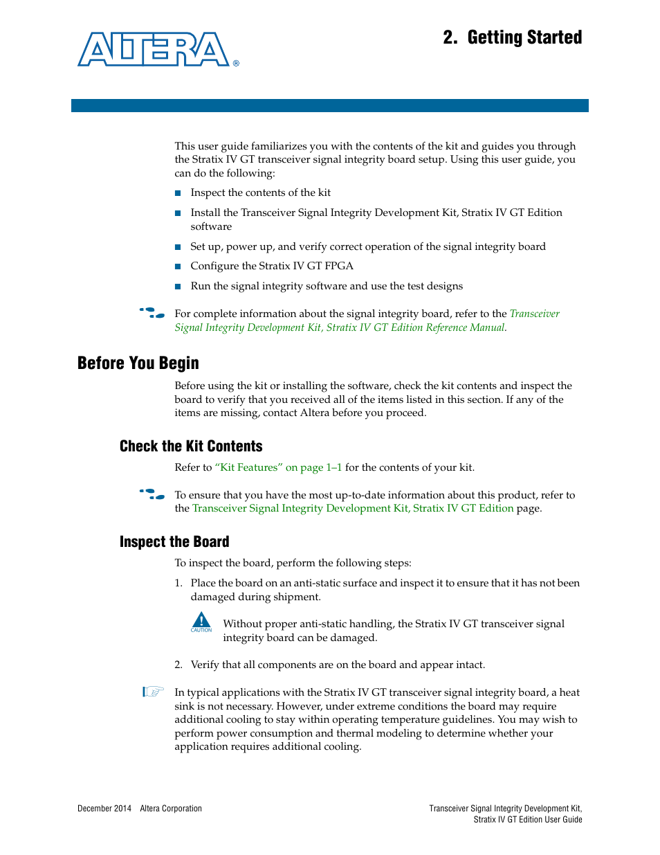 Getting started, Before you begin, Check the kit contents | Inspect the board, Chapter 2. getting started, Before you begin –1, Check the kit contents –1 inspect the board –1 | Altera Transceiver Signal Integrity User Manual | Page 7 / 30