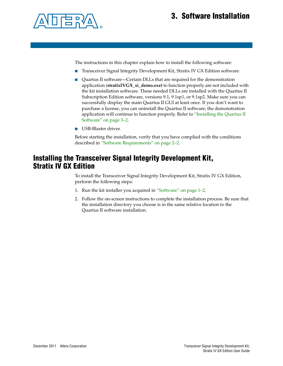 Software installation, Chapter 3. software installation | Altera Transceiver Signal Integrity User Manual | Page 11 / 34