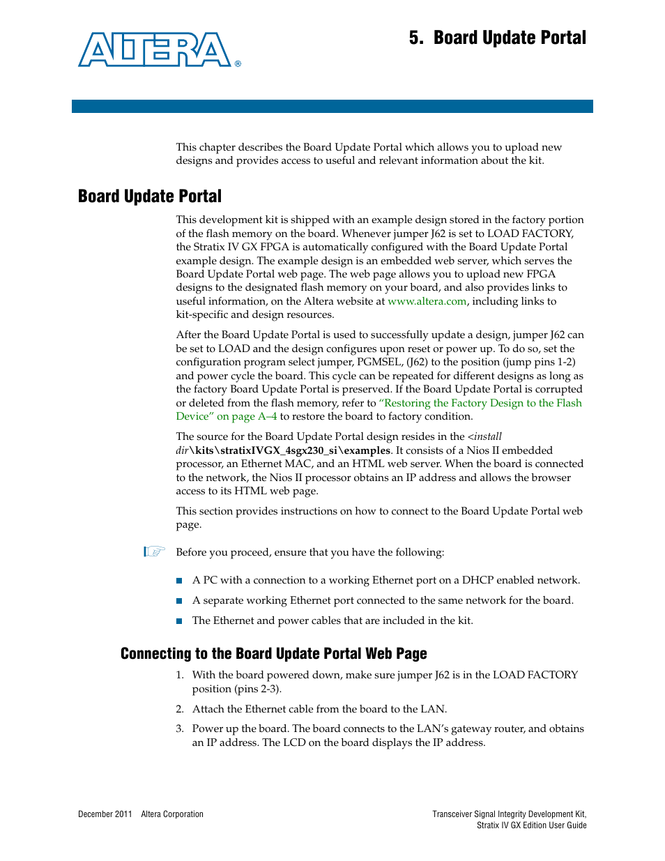 Board update portal, Chapter 5. board update portal, Board update portal –1 | Connecting to the board update portal web page | Altera Transceiver Signal Integrity User Manual | Page 17 / 34