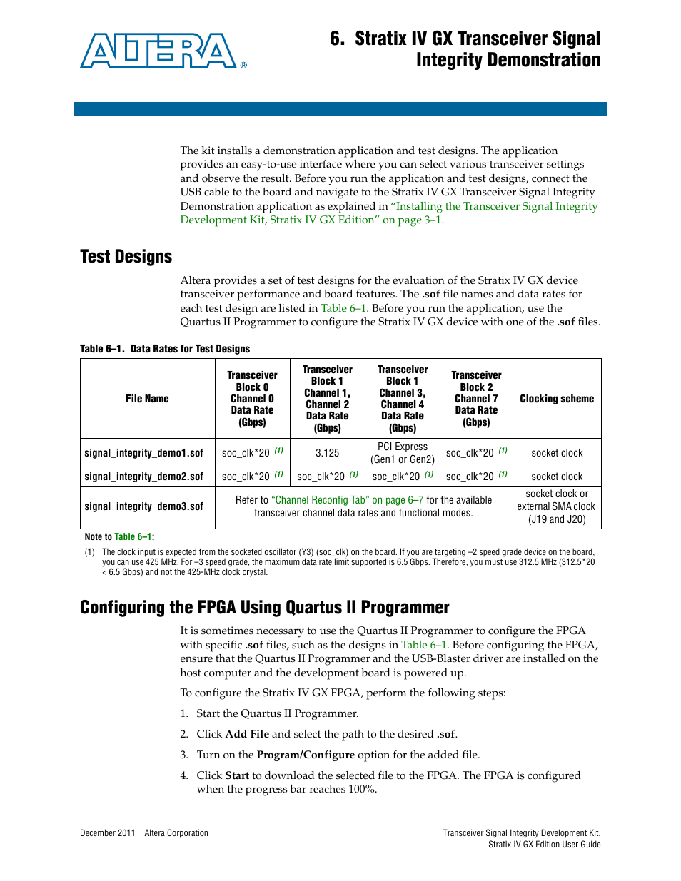 Test designs, Configuring the fpga using quartus ii programmer | Altera Transceiver Signal Integrity User Manual | Page 19 / 34