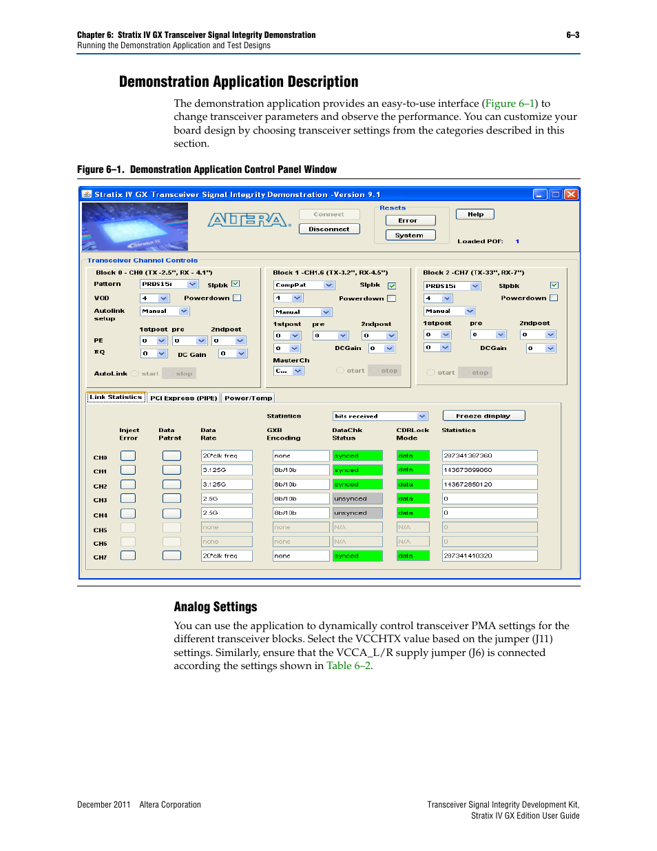 Demonstration application description, Analog settings, Demonstration application description –3 | Analog settings –3, Figure 6–1 | Altera Transceiver Signal Integrity User Manual | Page 21 / 34