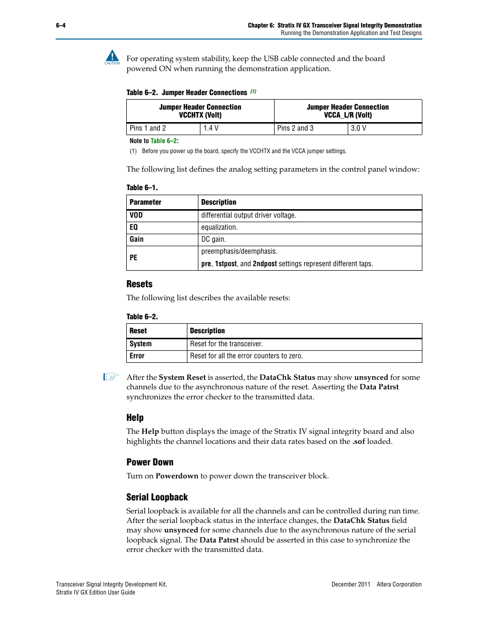 Resets, Help, Power down | Serial loopback, Resets –4 help –4 power down –4 serial loopback –4, Gs shown in, Table 6–2 | Altera Transceiver Signal Integrity User Manual | Page 22 / 34