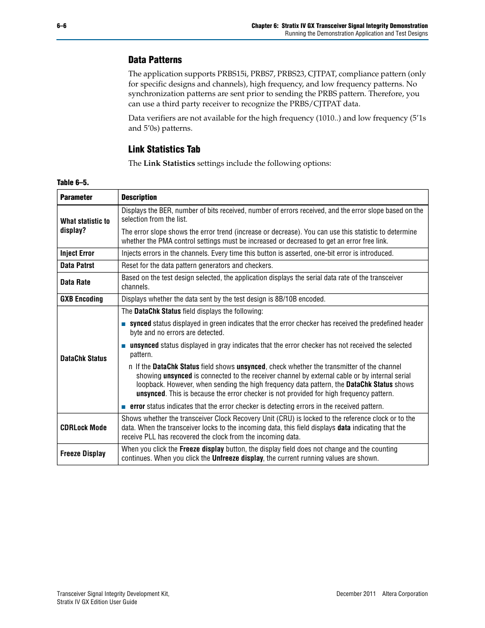 Data patterns, Link statistics tab, Data patterns –6 link statistics tab –6 | Altera Transceiver Signal Integrity User Manual | Page 24 / 34