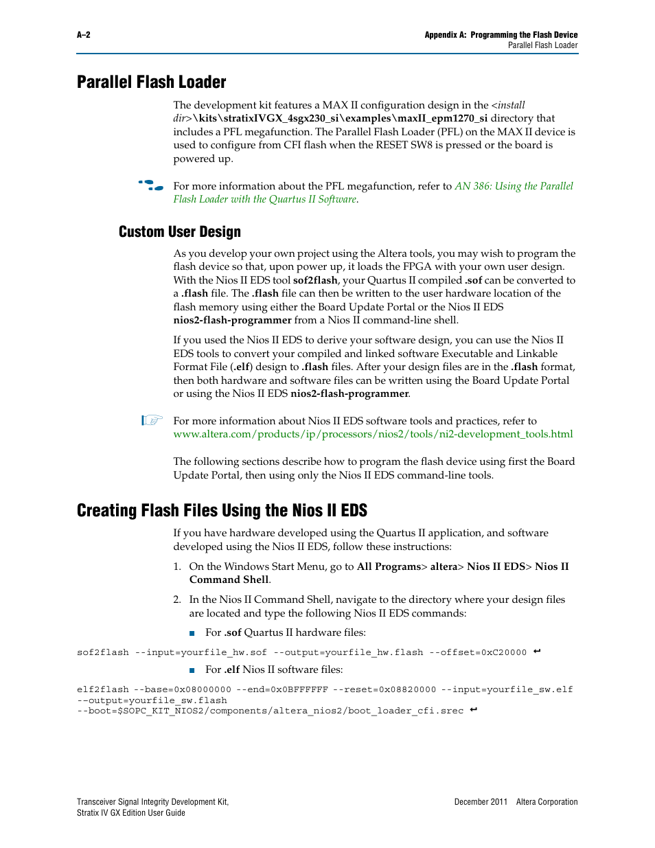 Parallel flash loader, Custom user design, Creating flash files using the nios ii eds | Altera Transceiver Signal Integrity User Manual | Page 28 / 34